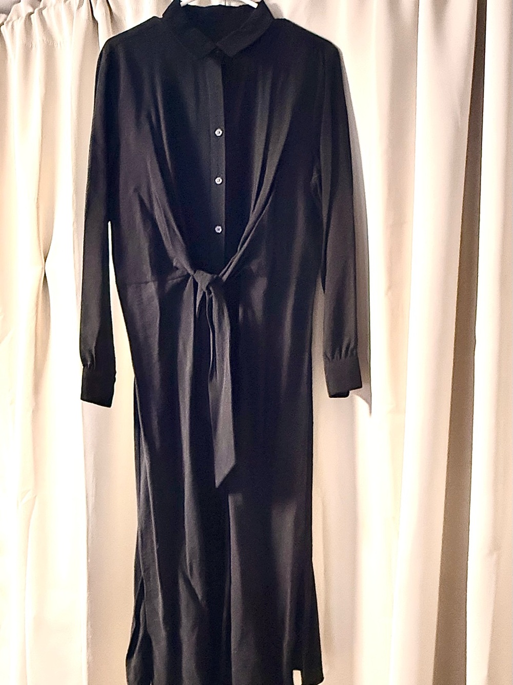 LOFT Black Long-Sleeve Tie-Waist Shirt Dress